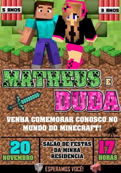 Convite Virtual - Minecraft Irmãos Casal