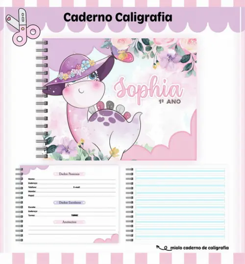 Caderno de Caligrafia - Dino Menina