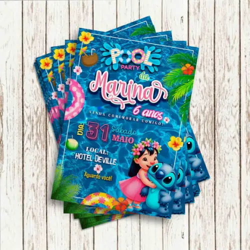 Convite Impresso (10x15) - Pool Party Lilo e Stitch
