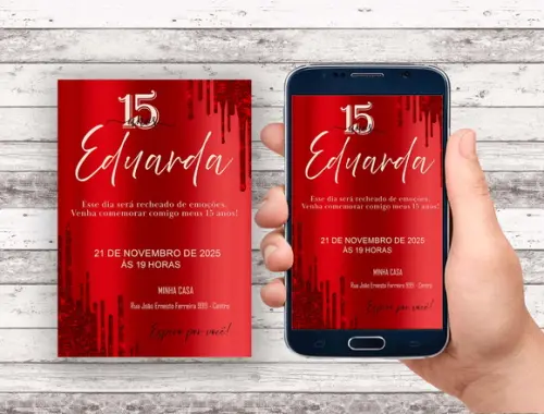 Convite Virtual - 15 Anos Vermelho e Nude