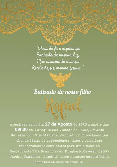 Convite Virtual - Batizado Verde Oliva e Dourado