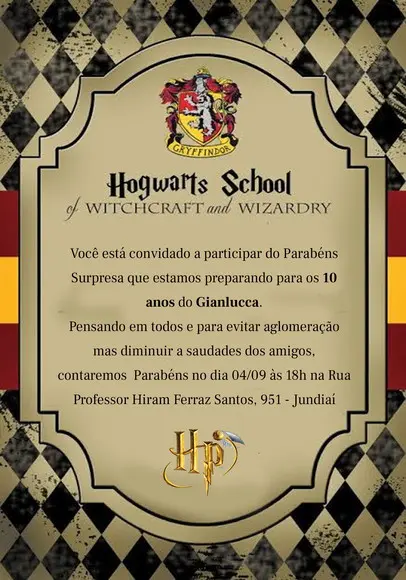 Convite Virtual - Carta Harry Potter