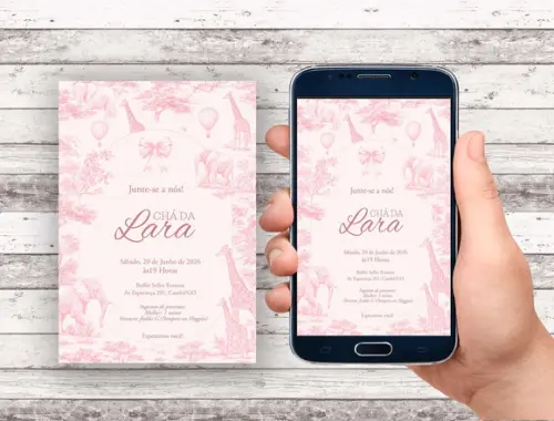 Convite Virtual - Cha de Bebe - Safari Toile Jouy Rosa