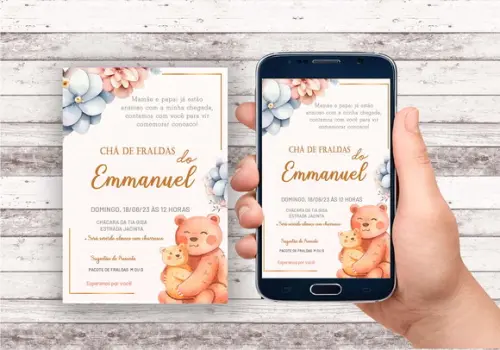 Convite Virtual - Cha de Bebê - Ursinho Mãe e Filho