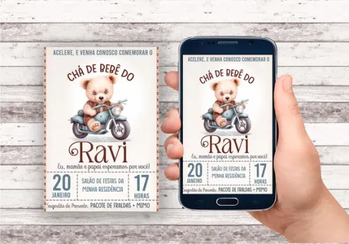 Convite Virtual - Cha de Bebê - Ursinho Motoqueiro