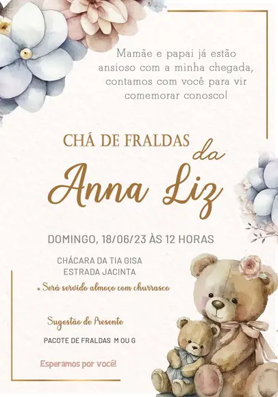 Convite Virtual - Cha de Bebê - Ursinha Floral