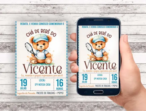 Convite Virtual - Cha de Bebê - Ursinho Tenista