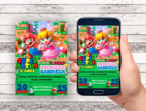 Convite Virtual - Duplo - Mario Bross e Princesa Peach