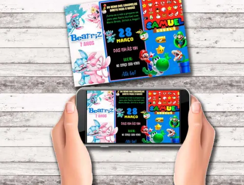 Convite Virtual - Duplo - Mario Bross e Stitch