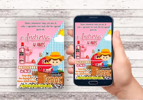 Convite Virtual - Duplo Gin Rosa E Fazendinha