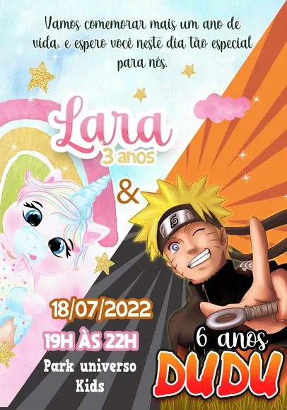 Convite Virtual - Duplo Naruto e Unicórnio