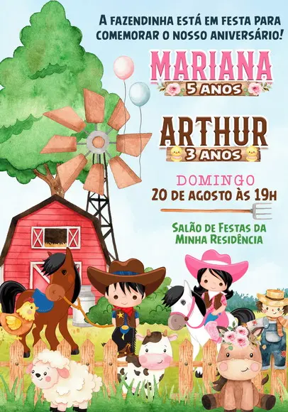 Convite Virtual - Fazendinha Duplo (menino e Menina)
