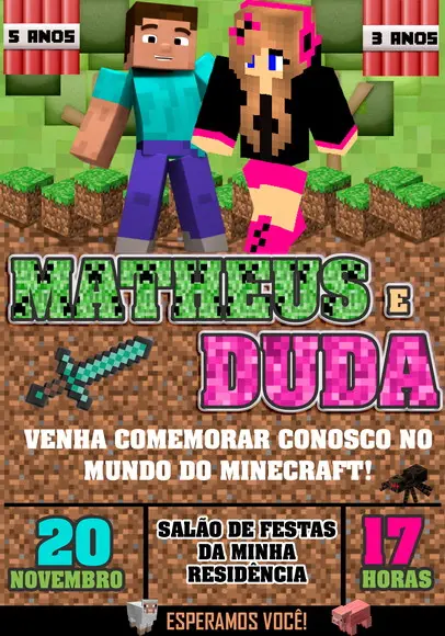 Convite Virtual - Minecraft Irmãos Casal