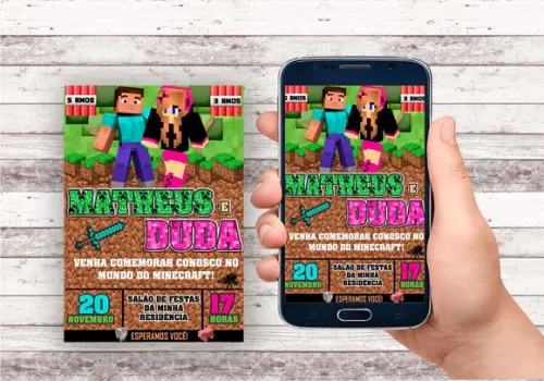 Convite Virtual - Minecraft Irmãos Casal