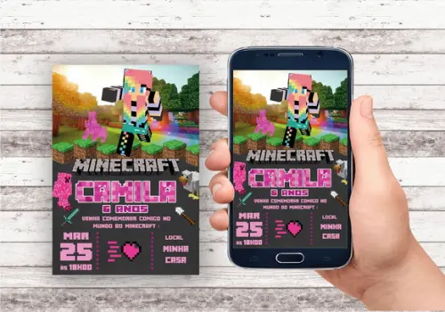 Convite Virtual - Minecraft Rosa