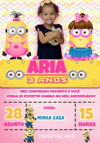 Convite Virtual - Minions Menina com Foto