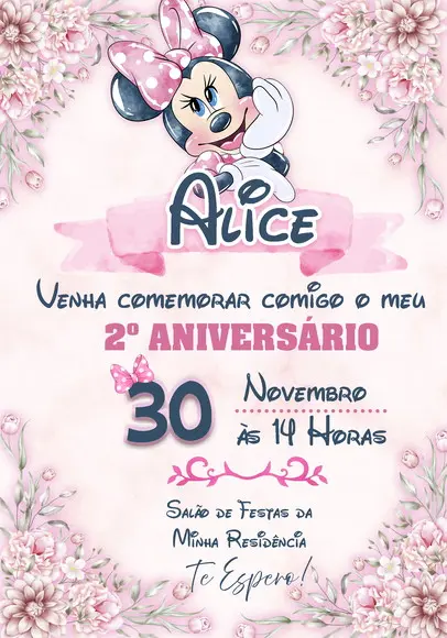 Convite Virtual - Minnie Rosa Aquarela