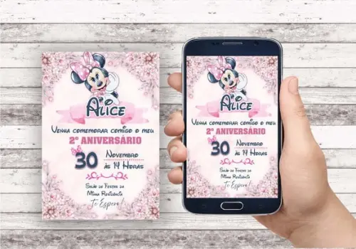 Convite Virtual - Minnie Rosa Aquarela