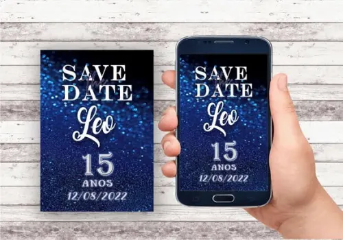 Convite Virtual - Save The Date Azul Glitter (sem Tema)