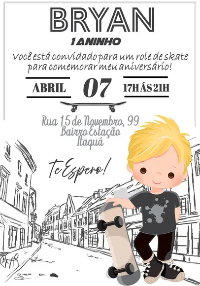 Convite Virtual - Skate Minimalista (menino Loiro)