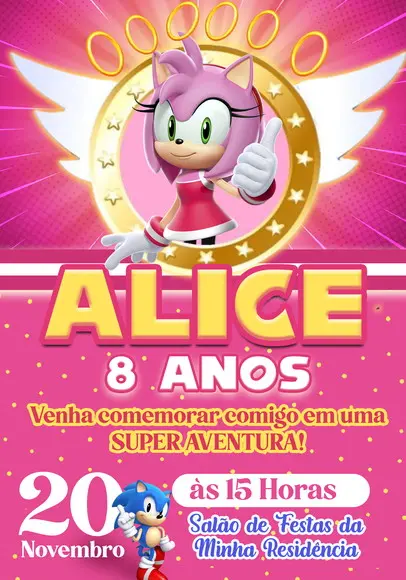 Convite Virtual - Sonic - Amy Rose