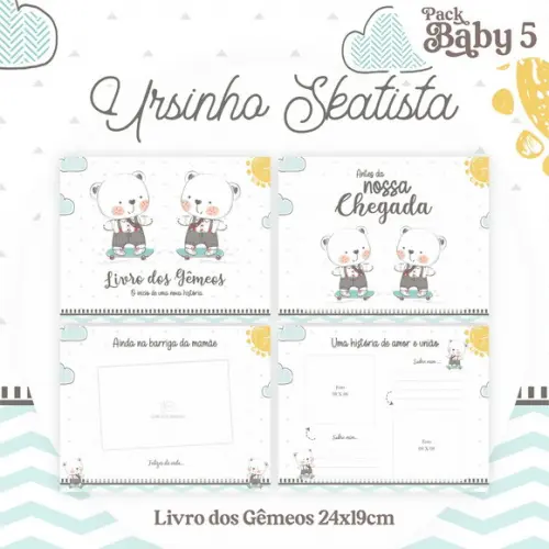 Livro do Bebê (19 x 24) - Ursinho Skatista Gêmeos