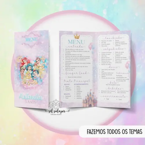 Menu/cardapio Infantil - Princesas Aquarela
