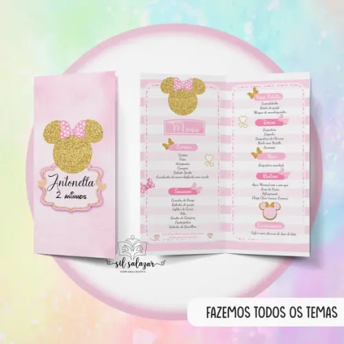 Menu/cardapio Infantil - Minnie Rosa e Dourado