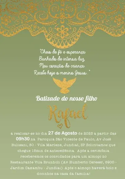 Convite Virtual - Batizado Verde Oliva e Dourado
