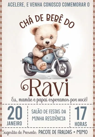 Convite Virtual - Cha de Bebê - Ursinho Motoqueiro