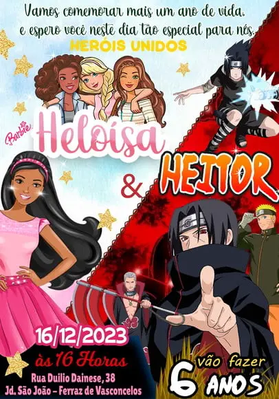 Convite Virtual - Duplo Barbie Negra e Akatsuki