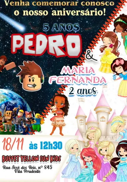 Convite Virtual - Duplo Roblox e Princesas Disney
