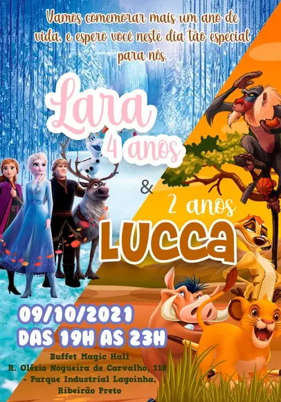 Convite Virtual - Duplo Rei Leão E Frozen