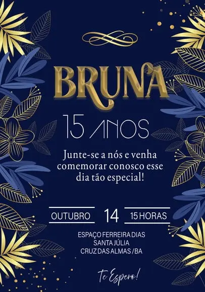 Convite Virtual - Floral Azul e Douradao