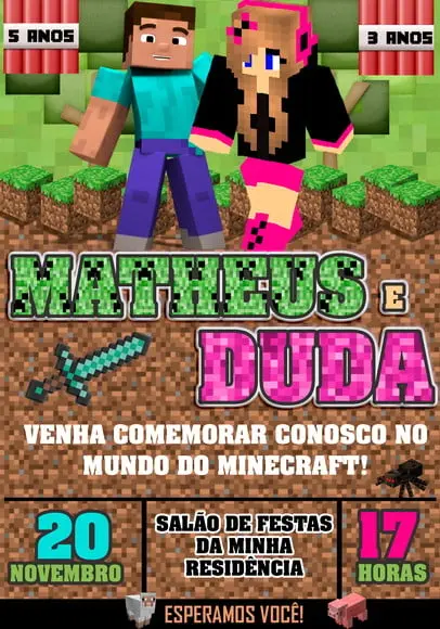 Convite Virtual - Minecraft Irmãos Casal