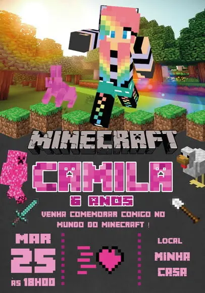 Convite Virtual - Minecraft Rosa
