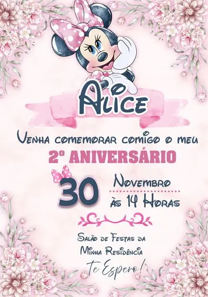 Convite Virtual - Minnie Rosa Aquarela