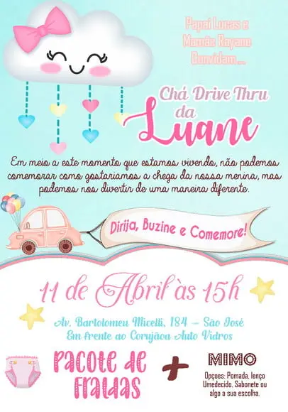 Convite Virtual Chá de Bebê - Chuva de Benção (drive Thru)