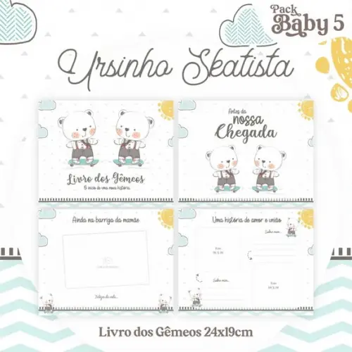 Livro do Bebê (19 x 24) - Ursinho Skatista Gêmeos