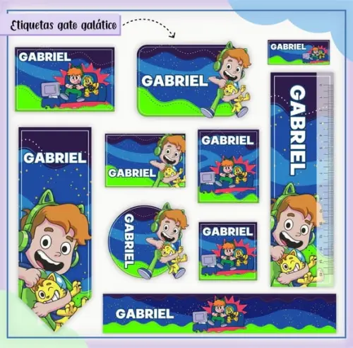 Arquivo Digital Etiqueta Escolar - Gato Galáctico 01