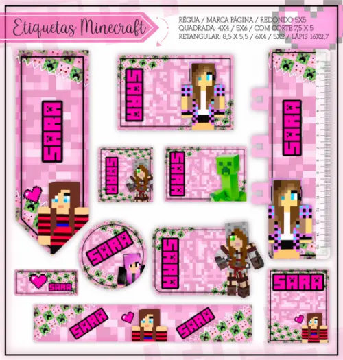 Arquivo Digital Etiqueta Escolar - Minecraft Menina
