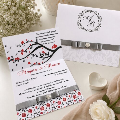 Convite de Casamento Elegante Dobrável com Fita de Cetim