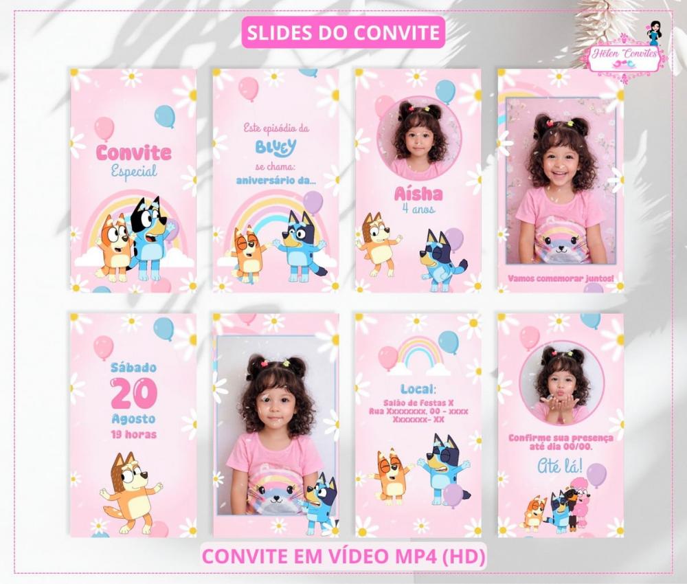 Convite em Vídeo Animado Bluey e Bingo para Menina | Digital
