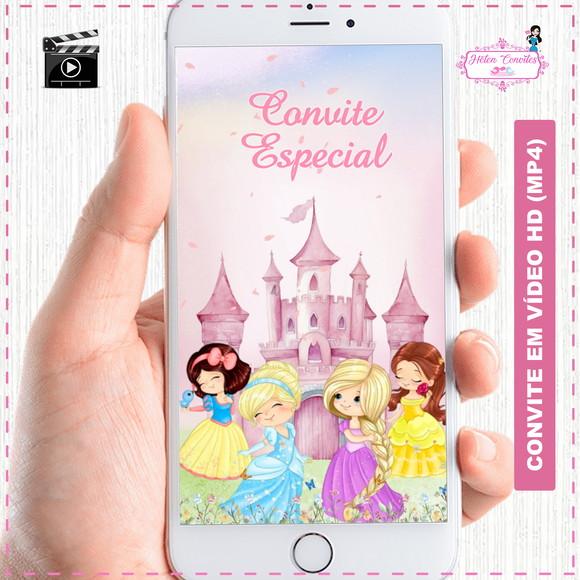 Convite Animado Princesas da Disney Aquarela