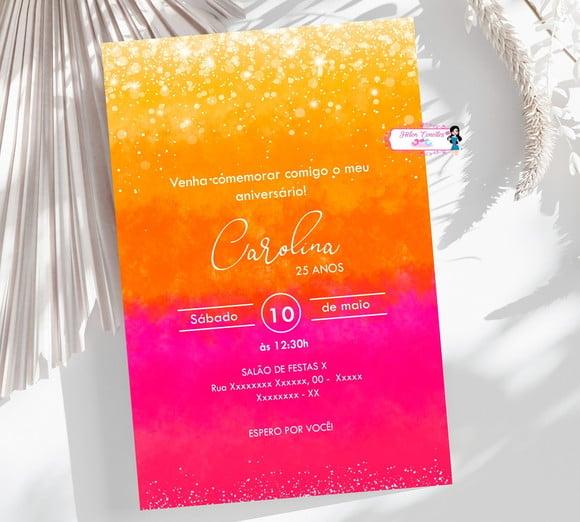 Convite Digital 25, 30, 40, 45 Anos Pink e Laranja