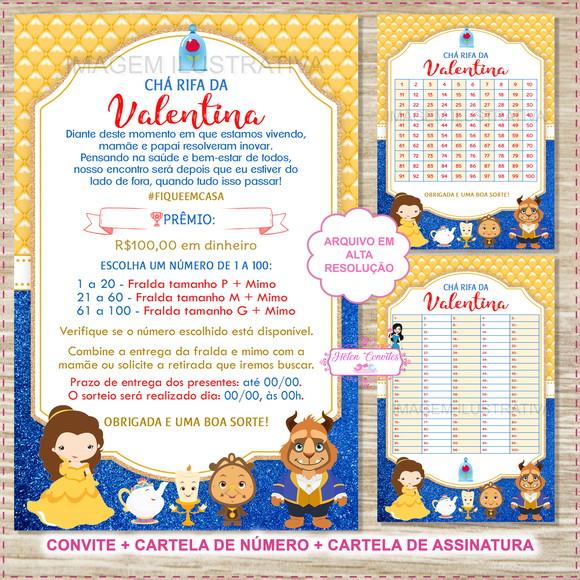 Convite Digital Chá Rifa A bela e a Fera + 2 Cartelas
