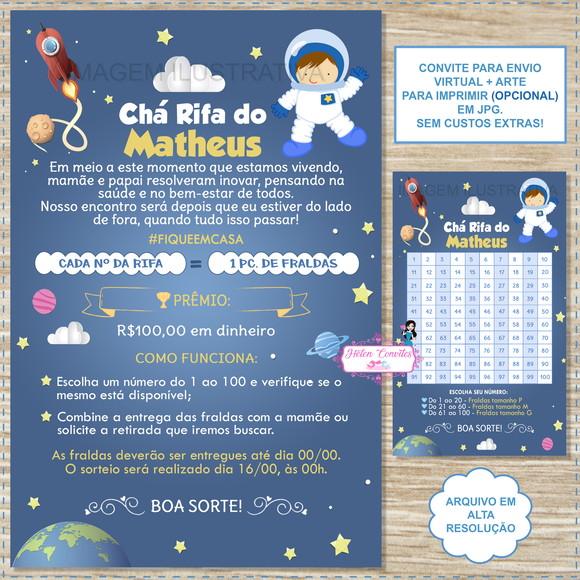Convite Digital Chá Rifa Astronauta + Cartela