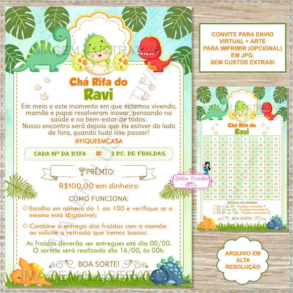 Convite Digital Chá Rifa Dinossauro Baby + Cartela