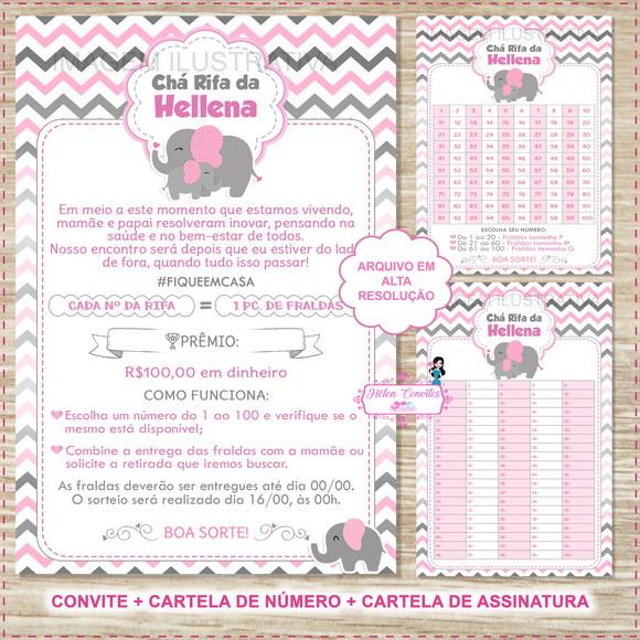 Convite Digital Chá Rifa Elefantinha Rosa + 2 Cartelas