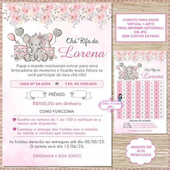 Convite Digital Chá Rifa Elefantinha Rosa + Cartela